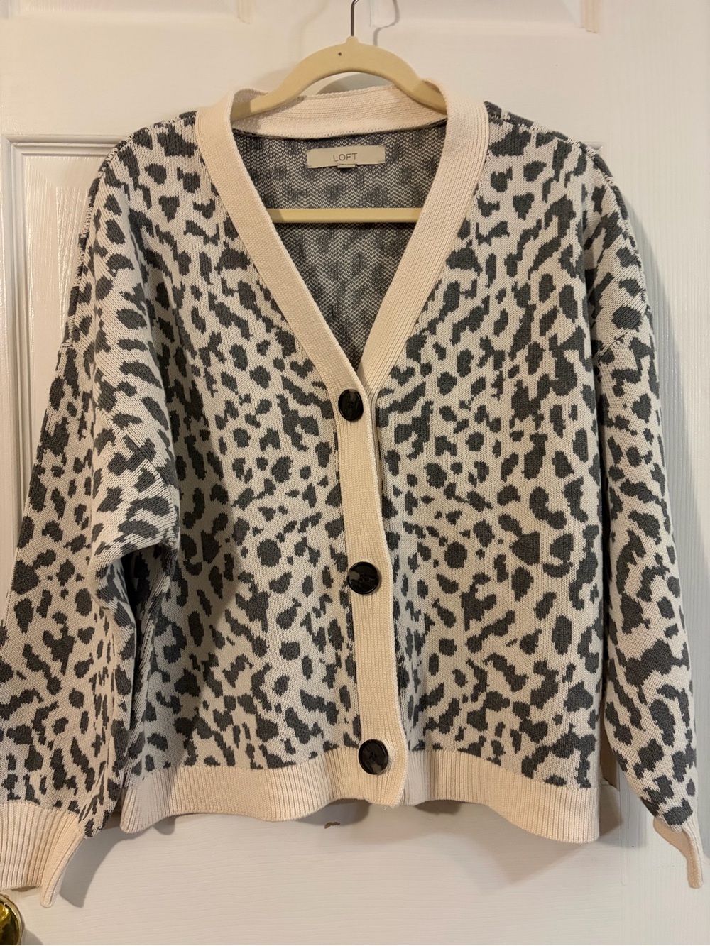 LOFT Cream & Gray Leopard Print Button Cardigan Sweater